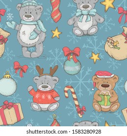  Seamless pattern with Christmas decorations and teddy bears