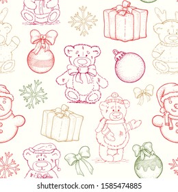 Seamless pattern with Christmas decorations and teddy bears