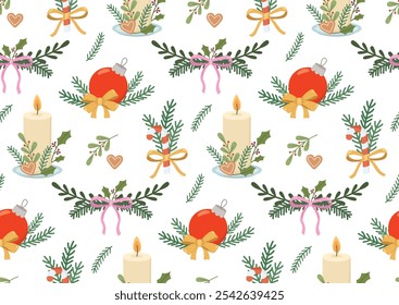 Seamless pattern with christmas decorative compositions. Cute hand drawn new year pattern with fir branches and decorations	