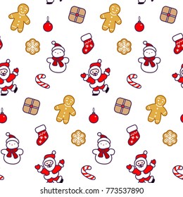 Seamless pattern of christmas decorative cookies, santa claus, candies, ball