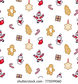 Seamless pattern of christmas decorative cookies, santa claus, candies