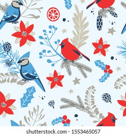 Seamless pattern with Christmas decorative elements - birds sitting on plants and branches. Traditional symbols, vector illustration.