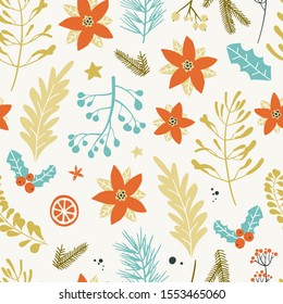 Seamless pattern with Christmas decorative elements - plants and branches. Traditional symbols, vector illustration.