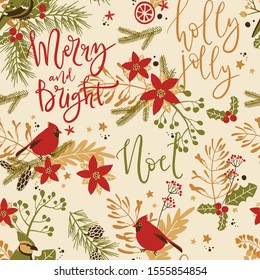 Seamless pattern with Christmas decorative elements - plants, branches, birds. Traditional symbols, vector illustration.