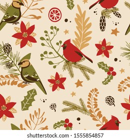 Seamless pattern with Christmas decorative elements - plants, branches, birds. Traditional symbols, vector illustration.