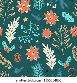 Seamless pattern with Christmas decorative elements - plants, branches. Traditional symbols, vector illustration.