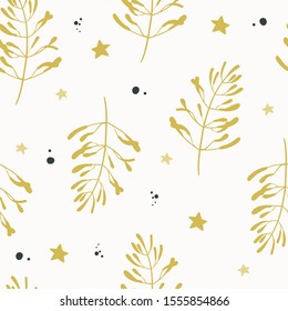 Seamless pattern with Christmas decorative elements - golden mistletoe branch. Minimalistic Scandinavian design, vector illustration.