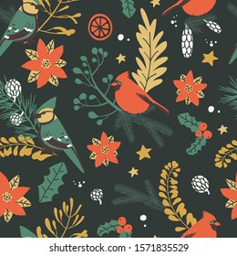 Seamless pattern with Christmas decorative elements - plants, branches, birds. Traditional symbols, vector illustration.