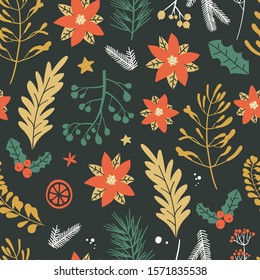 Seamless pattern with Christmas decorative elements - plants, branches. Traditional symbols, vector illustration.