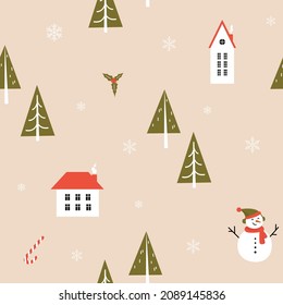 Seamless pattern with Christmas decorative elements: snowman, candy, tree, snowflakes, mistletoe, houses, and other holiday symbols. Vector digital paper is good for wrapping, greeting, fabric, decor