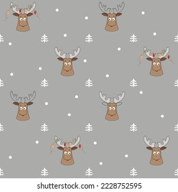 Seamless pattern with Christmas deer continuous one line art