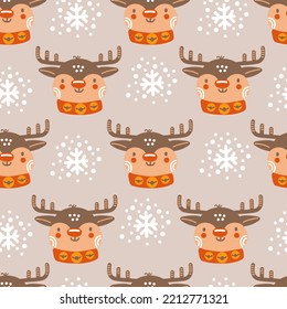 Seamless pattern christmas deer heads and snowflakes on gray background vector illustration. For print and design, greeting cards, wrapping paper, fabric, porcelain, bed linen, decor