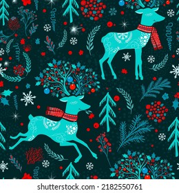 Seamless pattern Christmas deer on a dark background. Vector illustration