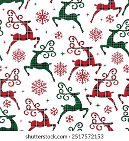 Seamless Pattern of Christmas Deer with Plaid Pattern and Snowflakes- Christmas Vector Illustration Design