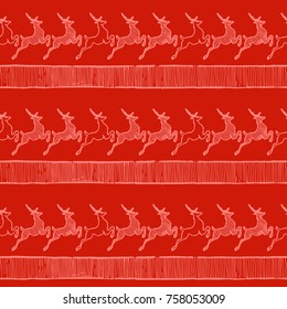 seamless pattern with Christmas deers on red background. Vector illustration in ink hand drawn style. 
