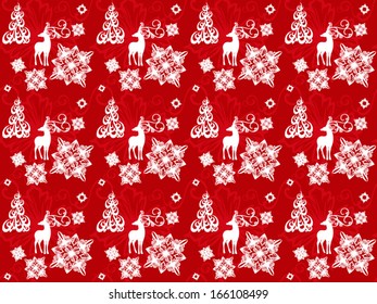 Seamless pattern with christmas deers, snowflakes and trees - red and white festive background