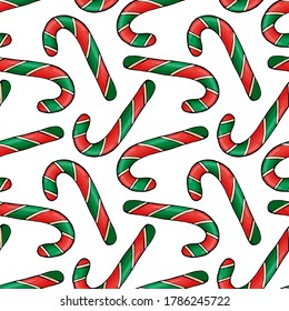Patrón sin foco con desiertos de Navidad sobre fondo blanco. Caramelos de año nuevo. Impresión sin fin. Ilustración vectorial. EPS 10.