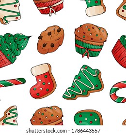 Seamless pattern with Christmas deserts on white background. New year gingerbread, cookies, candy, cakes. Endless print. Vector illustration. EPS 10.