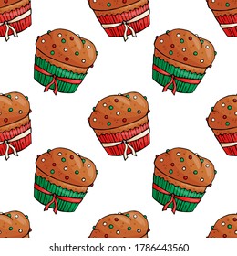 Patrón sin foco con desiertos de Navidad sobre fondo blanco. Pasteles de año nuevo. Impresión sin fin. Ilustración vectorial. EPS 10.