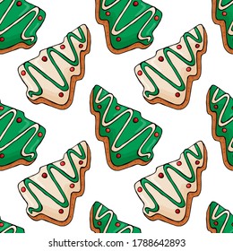 Seamless pattern with Christmas deserts on white background. New year gingerbread. Endless print. Vector illustration. EPS 10.