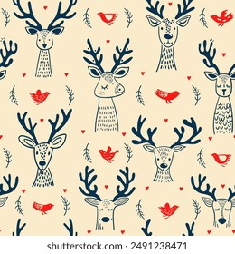 Seamless pattern of Christmas design doodle elements with cute deers, birds and ornament. Vector hand drawn, concept for children print