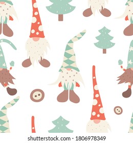 Seamless pattern for Christmas design in Scandinavian style. Funny gnomes and xmas trees. Vector illustration for DIY, greeting card, wrapping paper. Pattern is cut, no clipping mask.