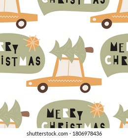 Seamless pattern for Christmas design in Scandinavian style. Yellow car with christmas tree on white background. Vector illustration for greeting card, packaging. Pattern is cut, no clipping mask.