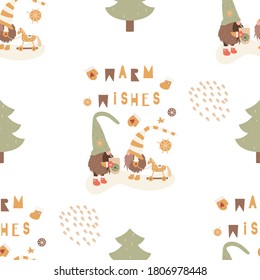 Seamless pattern for Christmas design in Scandinavian style. Funny gnomes, wooden horse and fir-trees. Vector illustration for DIY, greeting card, wrapping paper. Pattern is cut, no clipping mask.