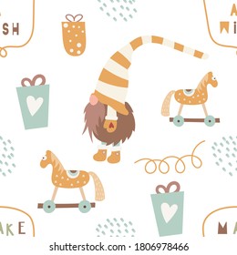 Seamless pattern for Christmas design in Scandinavian style. Funny gnomes, gift boxes and wooden horses. Vector illustration for DIY, greeting card, wrapping paper. Pattern is cut, no clipping mask.