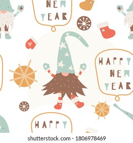 Nahtlose Muster für Weihnachtsdesign im skandinavischen Stil. Funny Gomes, Weihnachtsdekorationen und Text glücklich neues Jahr. Vektorgrafik für DIY, Verpackung. Das Muster wird geschnitten, keine Schnittmaske.