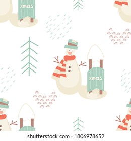 Patrón incomparable para el diseño navideño al estilo escandinavo. Árbol de Navidad, muñeco de nieve y trineo. Ilustración vectorial para DIY, tarjeta de saludo, papel de envoltura. El patrón se corta, no hay máscara de recorte.