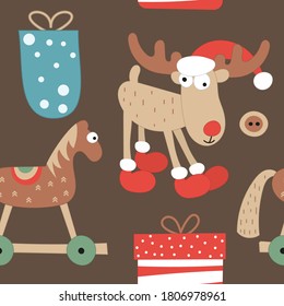 Seamless pattern for Christmas design in Scandinavian style. Cool reindeer, wooden toys and gift boxes. Vector illustration for DIY, greeting card, wrapping paper. Pattern is cut, no clipping mask.