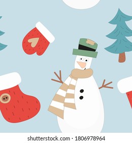 Seamless pattern for Christmas design in Scandinavian style. Xmas tree, snowman, mitten and xmas boot. Vector illustration for DIY, greeting card, wrapping paper. Pattern is cut, no clipping mask.