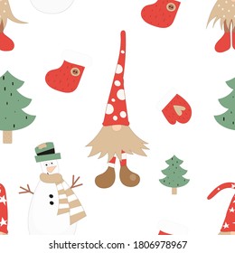 Seamless pattern for Christmas design in Scandinavian style. Nordic gnome, snowman, christmas decorations. Vector illustration for DIY, greeting card, wrapping paper. Pattern is cut, no clipping mask.