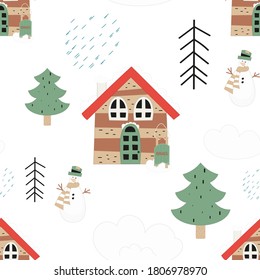 Patrón incomparable para el diseño navideño al estilo escandinavo. Árbol de Navidad, casita de madera, muñeco de nieve. Ilustración vectorial para DIY, tarjeta de saludo, papel de envoltura. El patrón se corta, no hay máscara de recorte.