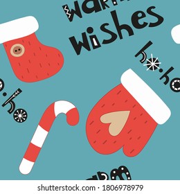 Seamless pattern for Christmas design in Scandinavian style. Xmas mitten, boot, candy cane and lettering. Vector illustration for DIY, greeting card, wrapping paper. Pattern is cut, no clipping mask.