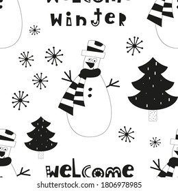 Seamless pattern for Christmas design in Scandinavian style. Xmas tree, snowman, snow and lettering. Vector illustration for DIY, greeting card, wrapping paper. Pattern is cut, no clipping mask.