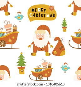 Seamless pattern for Christmas design in Scandinavian style. Santa Claus, sleigh, Christmas tree, present on white background. Vector illustration for gift packaging. Pattern is cut, no clipping mask.