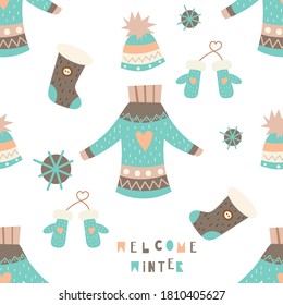 Seamless Pattern For Christmas Design In Scandinavian Style. Christmas Ugly Sweater, Mittens, Stocking, Hat. Vector Illustration For Greeting Card, Packaging. Pattern Is Cut, No Clipping Mask.