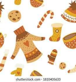 Seamless Pattern For Christmas Design In Scandinavian Style. Christmas Ugly Sweater, Mittens, Stocking, Candy Cane, Coffee Cup. Vector Illustration For Packaging. Pattern Is Cut, No Clipping Mask.