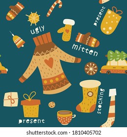 Seamless Pattern For Christmas Design In Scandinavian Style. Christmas Ugly Sweater, Mittens, Stocking, Presents. Vector Illustration For Greeting Card, Packaging. Pattern Is Cut, No Clipping Mask.