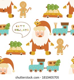 Seamless pattern for Christmas design in Scandinavian style. Santa Claus, car, gingerbread man, train on white background. Vector illustration for gift packaging. Pattern is cut, no clipping mask.