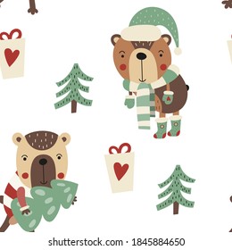 Seamless pattern for Christmas design in Scandinavian style. Christmas animals - cute winter bears. Vector illustration for packaging. Pattern is cut, no clipping mask.