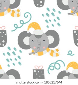 Patrón incomparable para el diseño navideño al estilo escandinavo. Animales de Navidad - elefante. Ilustración vectorial para el embalaje. El patrón se corta, no hay máscara de recorte.