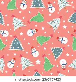 Seamless pattern for Christmas design. Seamless pattern with Christmas trees and snowman. Design for fabric, packaging, wallpaper, cover.