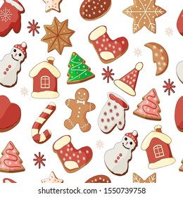 Seamless pattern of Christmas desserts.All elements of imitation of hand drawing.Holiday items can be used for wrapping paper, as a menu for cafes, and for various printing.