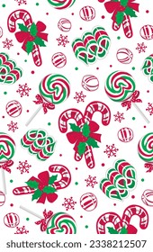 Seamless Pattern of Christmas different kinds of Candy with Snowflakes and Holly leafs- Christmas Vector Illustration