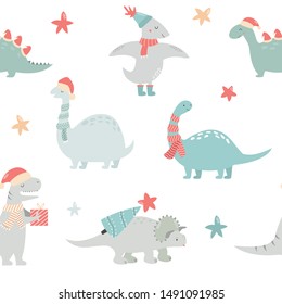 Seamless pattern with Christmas dinos. Hand drawn holiday wallpaper