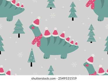 Seamless pattern with Christmas Dinosaur dressed as Santa Claus hat. Vector illustration background texture. Christmas funny dinosaurs, seamless pattern