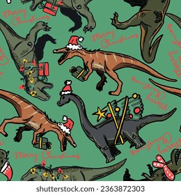 Seamless pattern with christmas dinosaur in hat. Background for t-shirt, stationery, clothes, web, poster, cards and other designs.